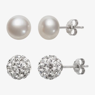 Womens Genuine White Cultured Freshwater Pearl Sterling Silver Earring Set