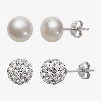 Womens Genuine White Cultured Freshwater Pearl Sterling Silver Earring Set