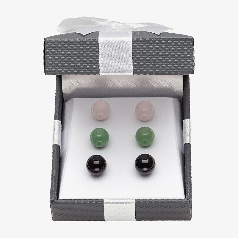 Genuine Pink Quartz, Green Jade & Black Onyx Sterling Silver Earring Set