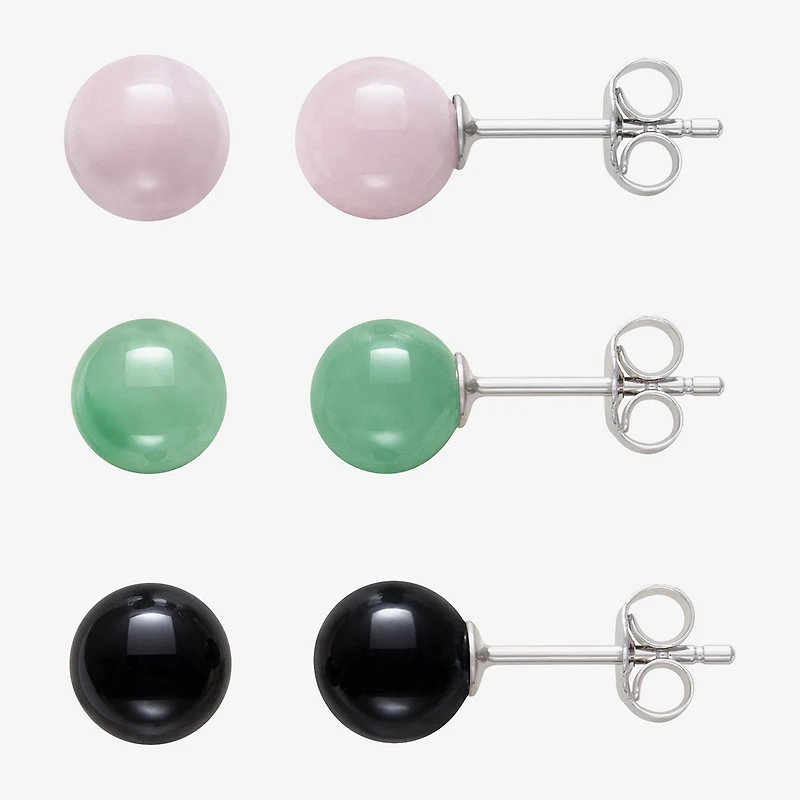 Genuine Pink Quartz, Green Jade & Black Onyx Sterling Silver Earring Set