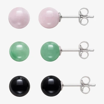 Genuine Pink Quartz, Green Jade & Black Onyx Sterling Silver Earring Set