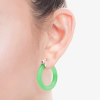 Womens Genuine Green Jade Sterling Silver 32mm Hoop Earrings