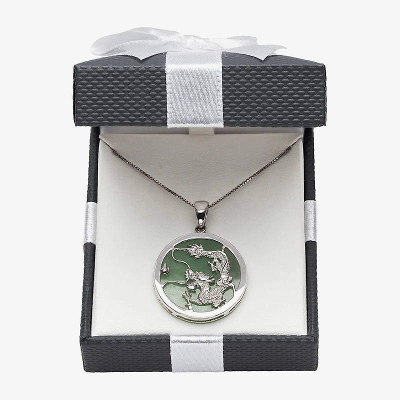 Dragon Womens Genuine Green Jade Sterling Silver 18 Inch Pendant Necklace