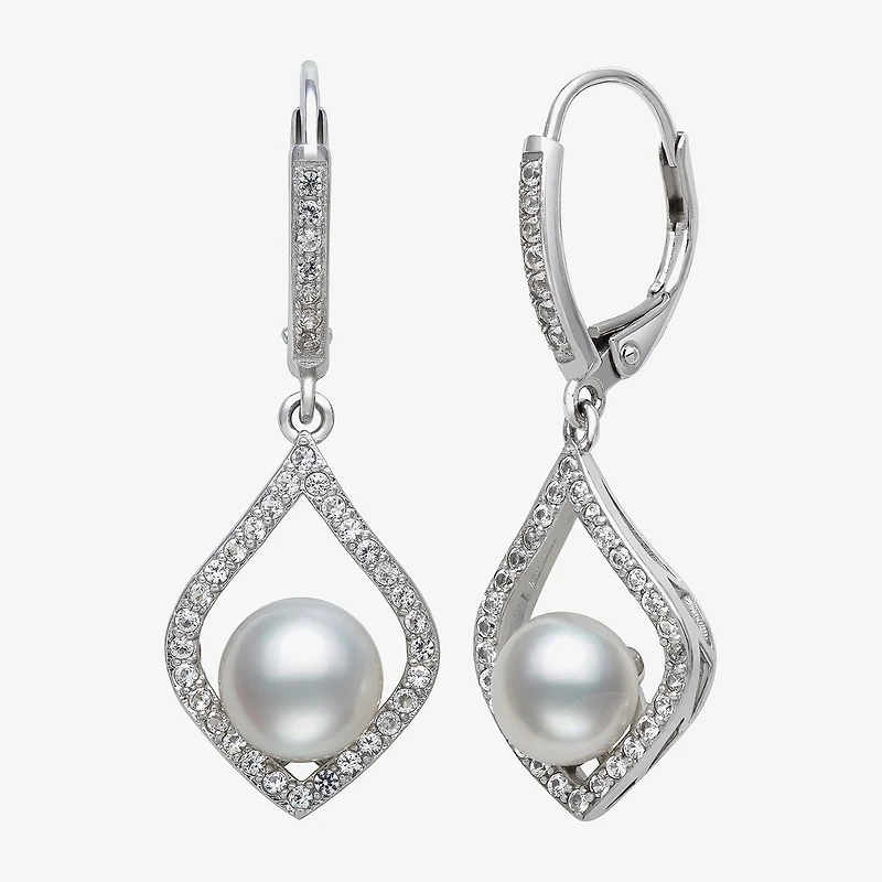 Womens White Cultured Freshwater Pearl Sterling Silver Diamond Pear Drop Earrings