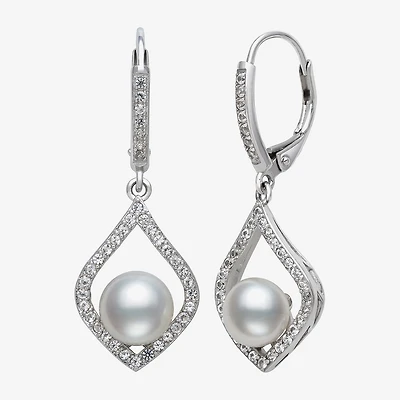 Womens White Cultured Freshwater Pearl Sterling Silver Diamond Pear Drop Earrings
