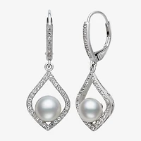 Womens White Cultured Freshwater Pearl Sterling Silver Diamond Pear Drop Earrings