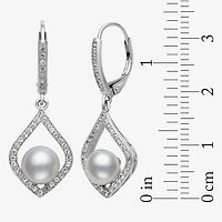 Womens White Cultured Freshwater Pearl Sterling Silver Diamond Pear Drop Earrings
