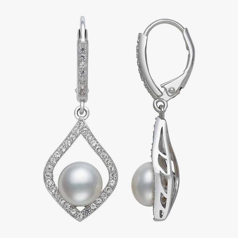 Womens White Cultured Freshwater Pearl Sterling Silver Diamond Pear Drop Earrings