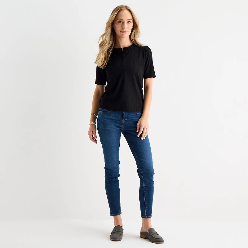 Liz Claiborne Womens Short Sleeve Regular Fit Henley Shirt