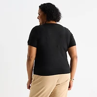Liz Claiborne Plus Womens Crew Neck Short Sleeve Pullover Sweater