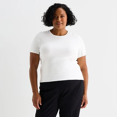 Liz Claiborne Plus Womens Crew Neck Short Sleeve Pullover Sweater