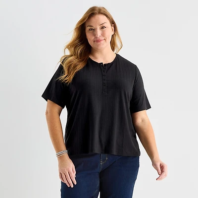 Liz Claiborne Womens Plus Short Sleeve Relaxed Fit Henley Shirt