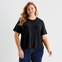 Liz Claiborne Womens Plus Short Sleeve Relaxed Fit Henley Shirt