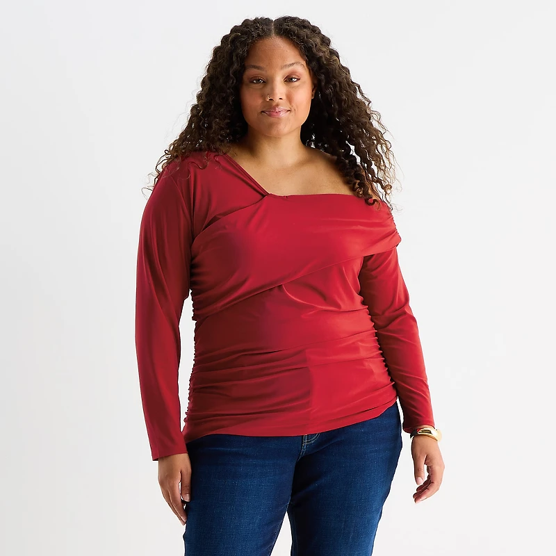 Bold Elements Womens Plus Asymmetrical Neck Long Sleeve Blouse