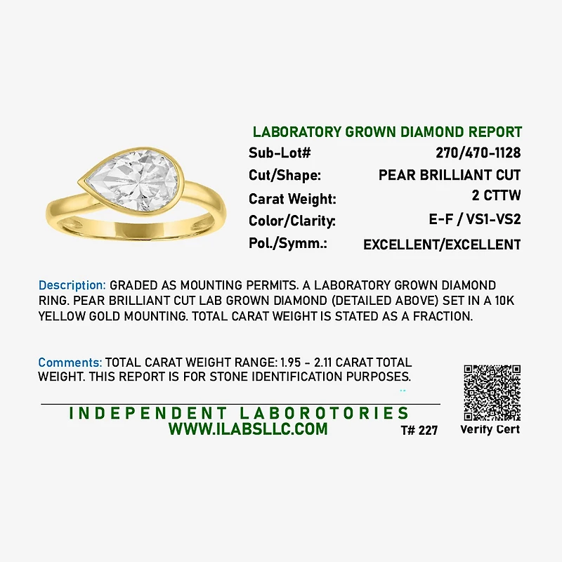 Diamond Addiction E-F / Vs1-Vs2 Womens 2 CT. T.W. Lab Grown White 10K Gold Pear Solitaire Cocktail Ring