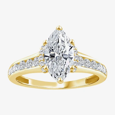 (F / Vs2) Womens 1 1/2 CT. T.W. Lab Grown White Diamond 10K Gold Marquise Side Stone Engagement Ring