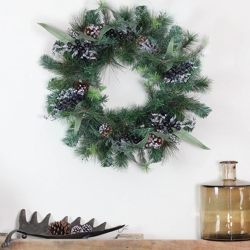 Mixed Pine with Blueberries Pine Cones and Ice Twigs Artificial Christmas Wreath - 24-Inch Unlit