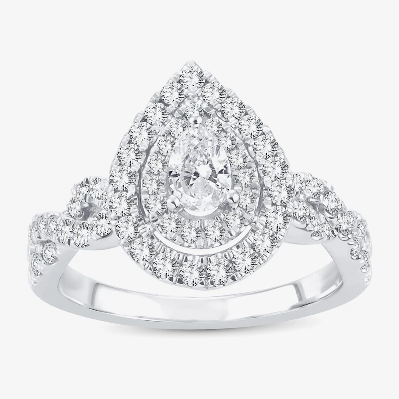 (H-I / I1) 1 CT. T.W. Lab Grown Diamond Pear Shape Side Stone Halo Engagement Ring 10K or 14K White Gold