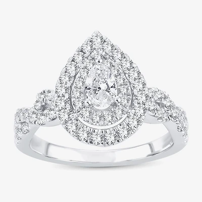 (H-I / I1) 1 CT. T.W. Lab Grown Diamond Pear Shape Side Stone Halo Engagement Ring 10K or 14K White Gold