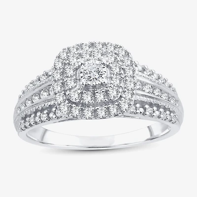 1/2 CT.T.W. Natural Diamond Cushion Shape Side Stone Halo Engagement Ring 10K or 14K White Gold