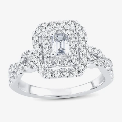 (H-I / I1) 1 CT. T.W. Lab Grown Diamond Cushion Shape Side Stone Halo Engagement Ring 10K or 14K White Gold