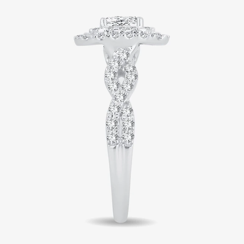 (H-I / I1) 1 CT. T.W. Lab Grown Diamond Cushion Shape Side Stone Halo Engagement Ring 10K or 14K White Gold