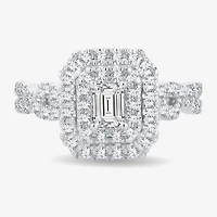 (H-I / I1) 1 CT. T.W. Lab Grown Diamond Cushion Shape Side Stone Halo Engagement Ring 10K or 14K White Gold