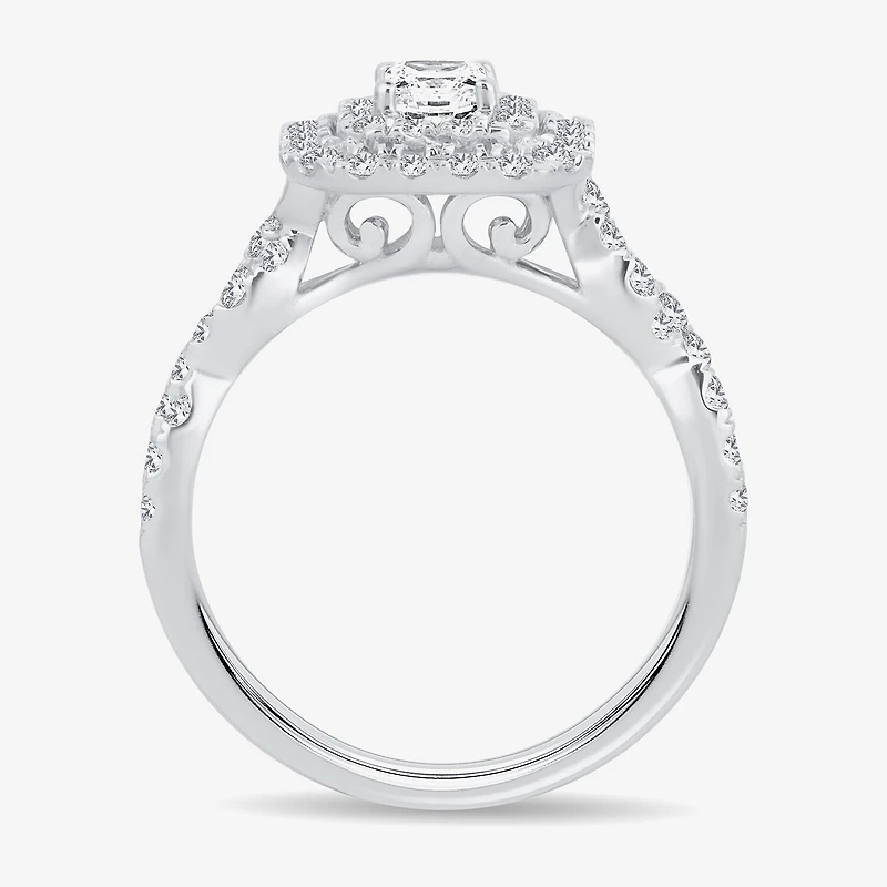 (H-I / I1) 1 CT. T.W. Lab Grown Diamond Cushion Shape Side Stone Halo Engagement Ring 10K or 14K White Gold