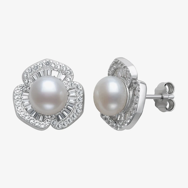 Womens Cultured Freshwater Pearl Sterling Silver Flower Drop Earrings