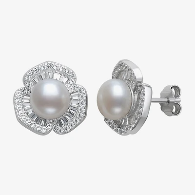 Womens Cultured Freshwater Pearl Sterling Silver Flower Drop Earrings