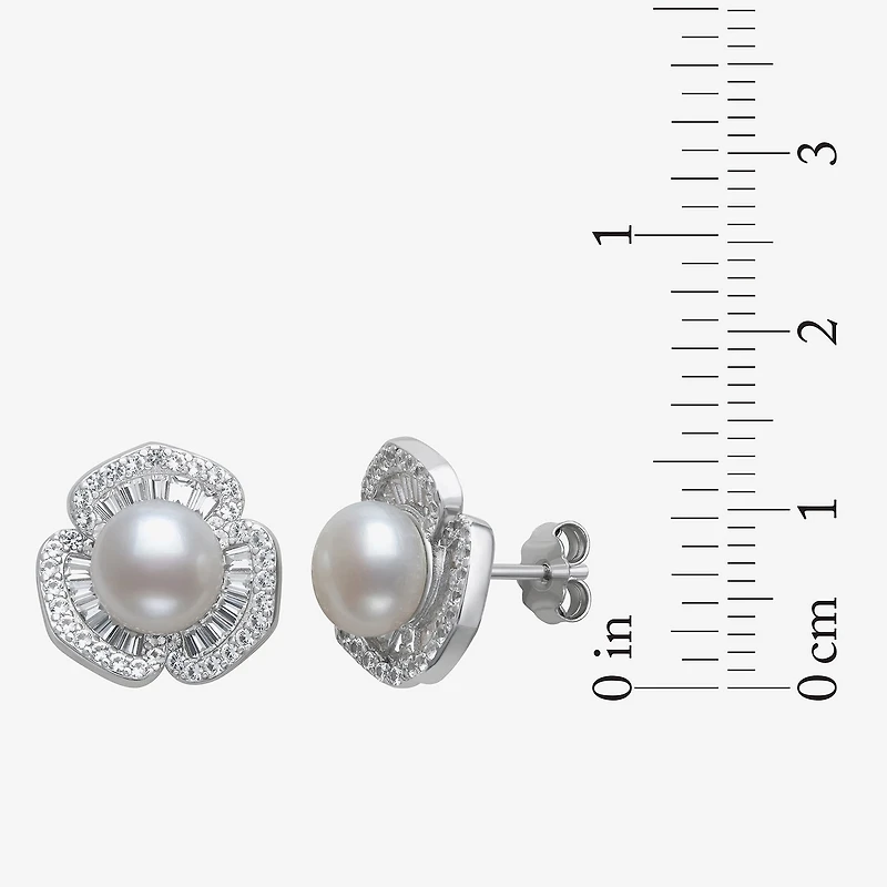 Womens Cultured Freshwater Pearl Sterling Silver Flower Drop Earrings