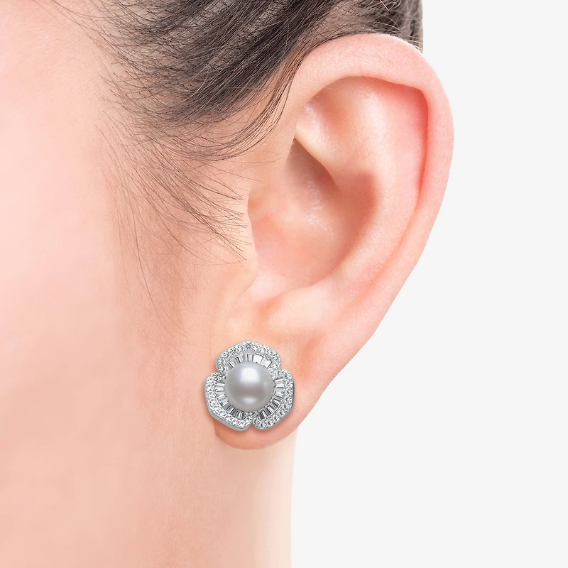 Womens Cultured Freshwater Pearl Sterling Silver Flower Drop Earrings