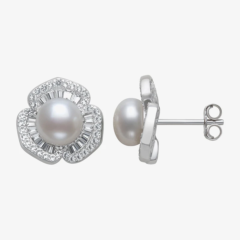 Womens Cultured Freshwater Pearl Sterling Silver Flower Drop Earrings