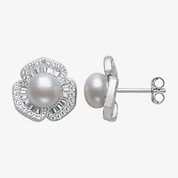 Womens Cultured Freshwater Pearl Sterling Silver Flower Drop Earrings
