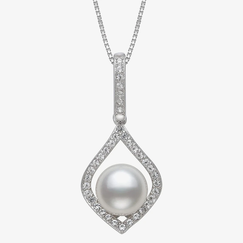 Womens White Cultured Freshwater Pearl Sterling Silver Diamond Pear 18 Inch Pendant Necklace