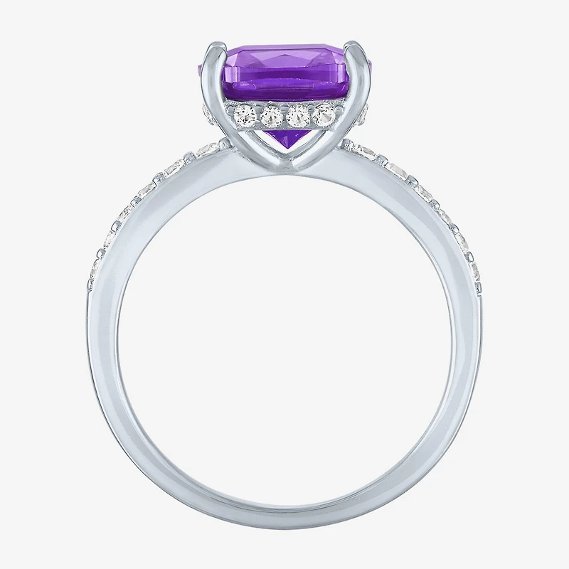 Womens Lab Created Gemstone Sterling Silver Side Stone Solitaire Cushion Cocktail Ring