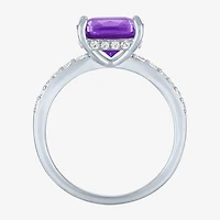 Womens Lab Created Gemstone Sterling Silver Side Stone Solitaire Cushion Cocktail Ring
