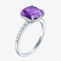 Womens Lab Created Gemstone Sterling Silver Side Stone Solitaire Cushion Cocktail Ring