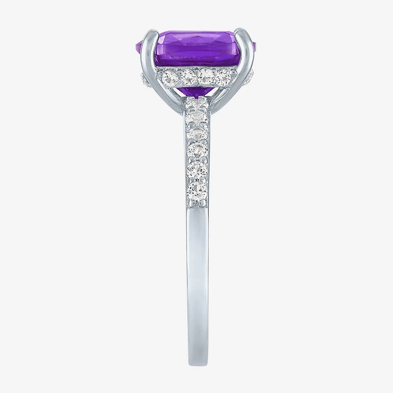 Womens Lab Created Gemstone Sterling Silver Side Stone Solitaire Cushion Cocktail Ring