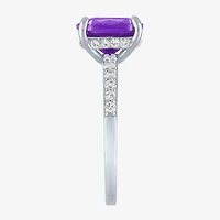 Womens Lab Created Gemstone Sterling Silver Side Stone Solitaire Cushion Cocktail Ring
