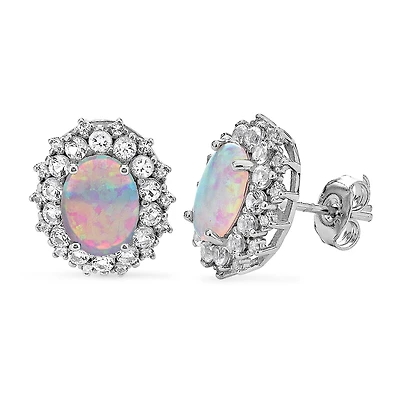 Lab Created White Opal Sterling Silver 12.7mm Oval Stud Earrings