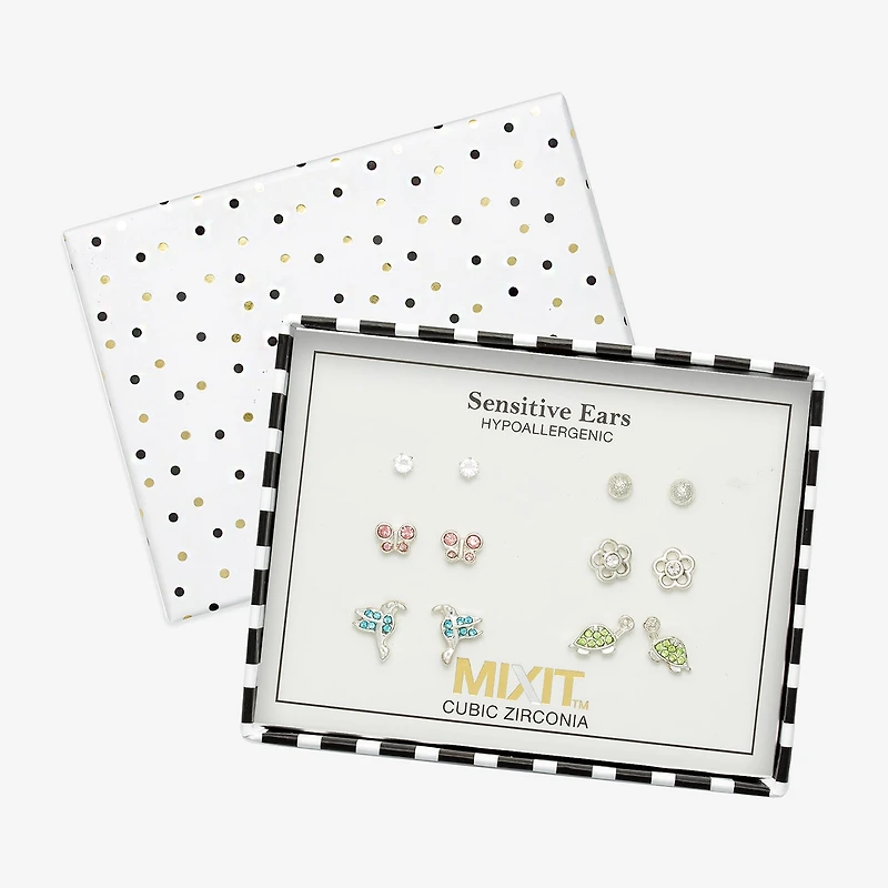 Mixit Womens Cubic Zirconia Butterfly Flower Hypoallergenic 6 Pair Earring Set