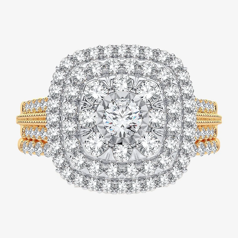 1 CT. T.W. Natural Diamond Cushion Side Stone Halo Engagement Ring 10K or 14K Gold