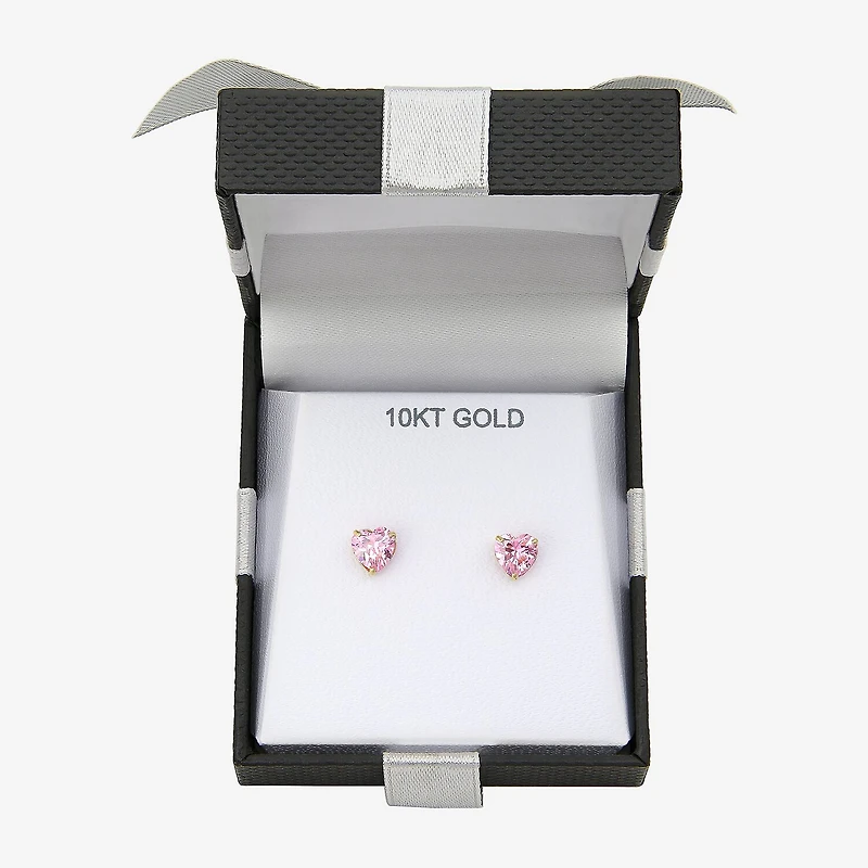 Pink Cubic Zirconia 10K Gold 6mm Heart Stud Earrings