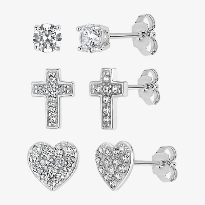 Womens Cubic Zirconia Sterling Silver Heart 3 Pair Earring Set