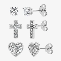 Womens Cubic Zirconia Sterling Silver Heart 3 Pair Earring Set