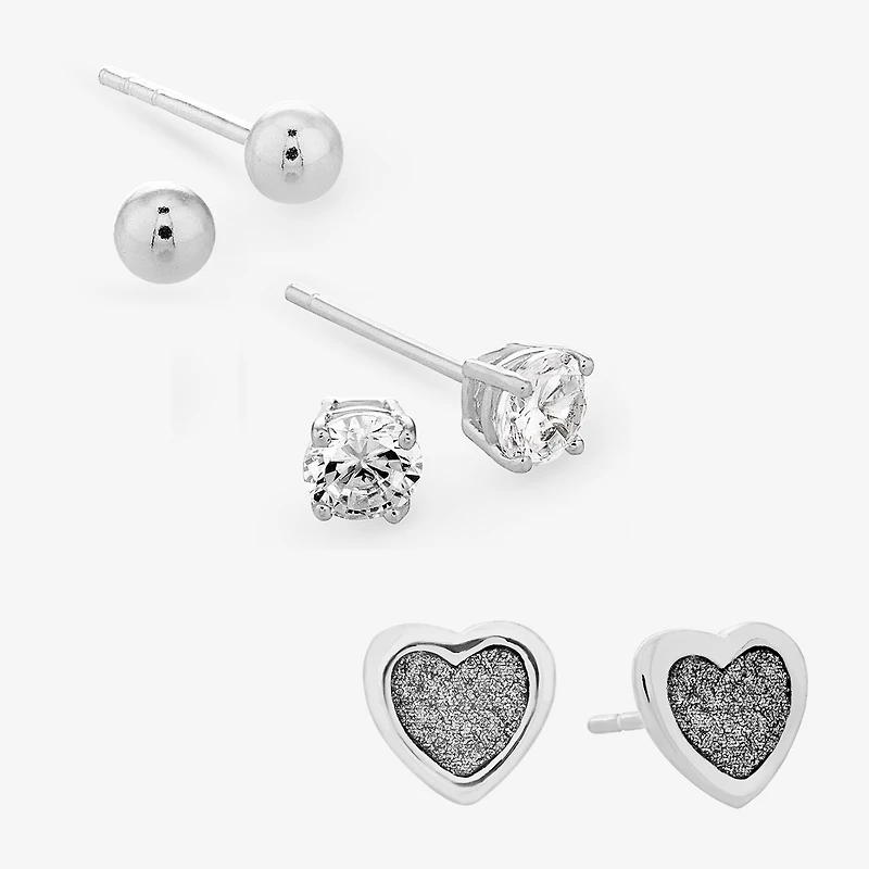 Womens Cubic Zirconia Sterling Silver Ball 3 Pair Earring Set
