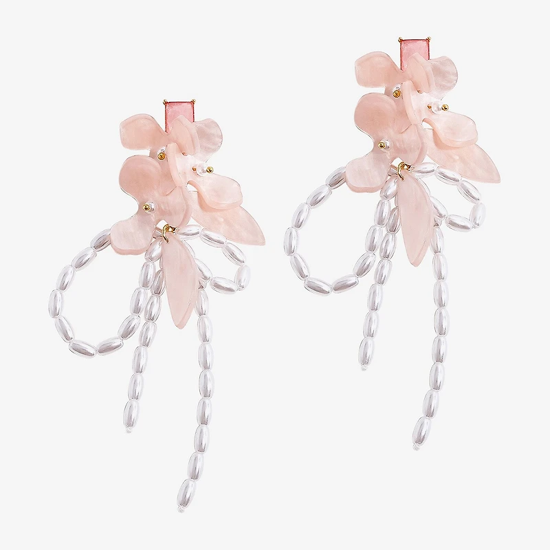 Bijoux Bar Gold Tone Womens White Simulated Pearl Flower Drop Earrings
