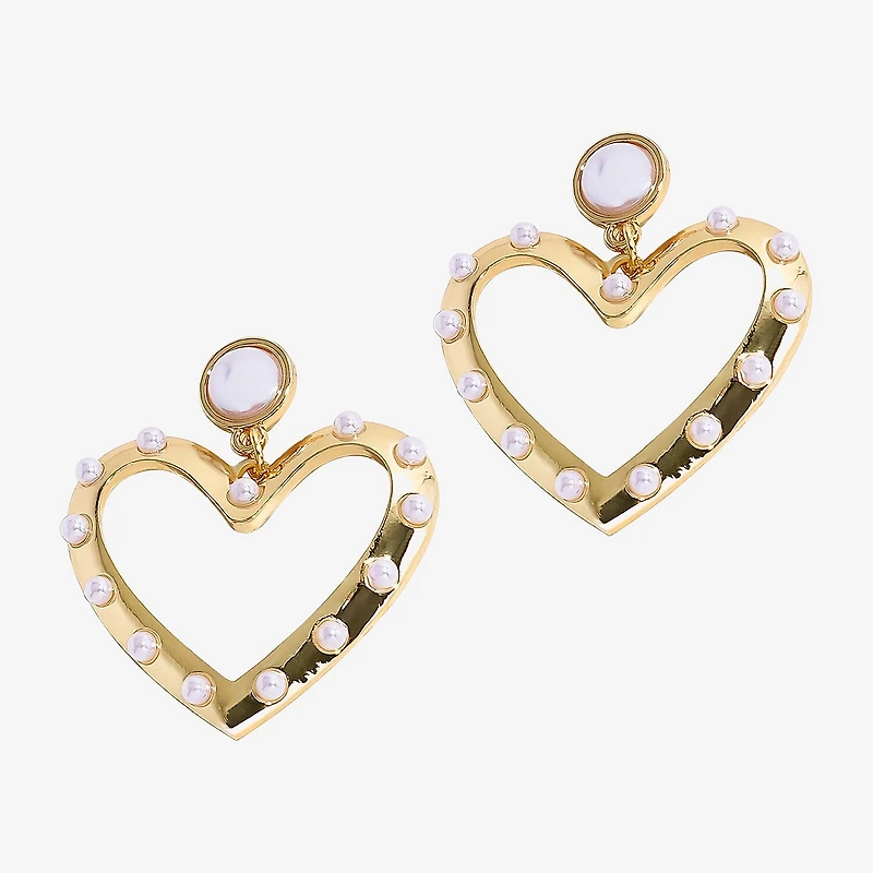 Bijoux Bar Gold Tone Womens White Simulated Pearl Heart Drop Earrings