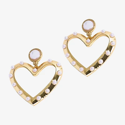 Bijoux Bar Gold Tone Womens White Simulated Pearl Heart Drop Earrings